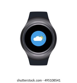 Smart watch shows a icon of weather. Black smart watch isolated on white background. Vector smart watch with watch app