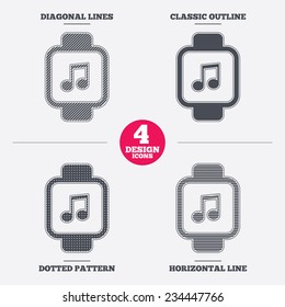 Smart watch sign icon. Wrist digital watch. Musical note symbol. Diagonal and horizontal lines, classic outline, dotted texture. Pattern design icons.  Vector