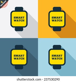 Smart watch sign icon. Wrist digital watch. Four squares. Colored Flat design buttons. Vector