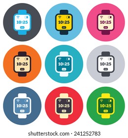Smart watch sign icon. Wrist digital watch. Wi-fi and battery energy symbol. Colored round buttons. Flat design circle icons set. Vector