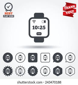 Smart watch sign icon. Wrist digital watch. Wi-fi and battery energy symbol. Circle, star, speech bubble and square buttons. Award medal with check mark. Thank you ribbon. Vector