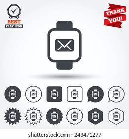 Smart watch sign icon. Wrist digital watch. Mail message chat symbol. Circle, star, speech bubble and square buttons. Award medal with check mark. Thank you ribbon. Vector