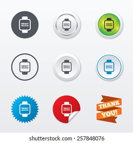 Smart watch sign icon. Wrist digital watch. Circle concept buttons. Metal edging. Star and label sticker. Vector