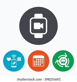 Smart watch sign icon. Wrist digital watch. Video camera symbol. Mobile payments, calendar and wifi icons. Bus shuttle.
