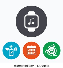 Smart watch sign icon. Wrist digital watch. Musical note symbol. Mobile payments, calendar and wifi icons. Bus shuttle.