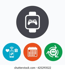 Smart watch sign icon. Wrist digital watch. Game joystick entertainment symbol. Mobile payments, calendar and wifi icons. Bus shuttle.
