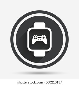 Smart watch sign icon. Wrist digital watch. Game joystick entertainment symbol. Circle flat button with shadow and border. Vector