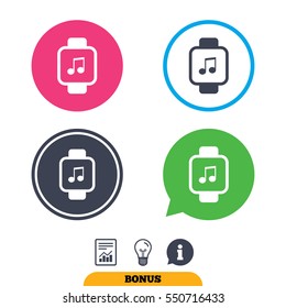 Smart watch sign icon. Wrist digital watch. Musical note symbol. Report document, information sign and light bulb icons. Vector