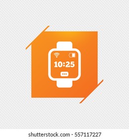 Smart watch sign icon. Wrist digital watch. Wi-fi and battery energy symbol. Orange square label on pattern. Vector