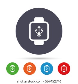 Smart watch sign icon. Wrist digital watch. USB data symbol. Round colourful buttons with flat icons. Vector