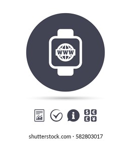 Smart watch sign icon. Wrist digital watch. Globe internet symbol. Report document, information and check tick icons. Currency exchange. Vector