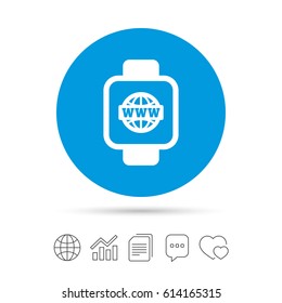 Smart watch sign icon. Wrist digital watch. Globe internet symbol. Copy files, chat speech bubble and chart web icons. Vector