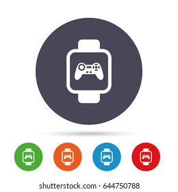 Smart watch sign icon. Wrist digital watch. Game joystick entertainment symbol. Round colourful buttons with flat icons. Vector