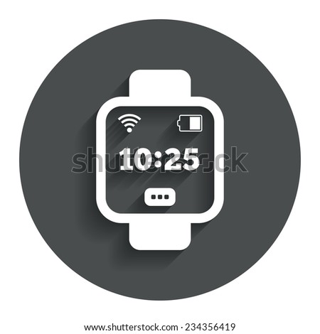 Smart watch sign icon. Wrist digital watch. Wi-fi and battery energy symbol. Gray flat button with shadow. Modern UI website navigation. Vector