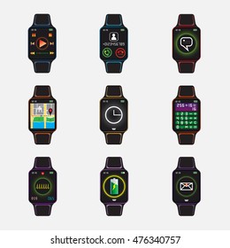 Smart watch signs set. Smart watch with application logo. Smart watch vector illustration. Vector eps10 icon. Isolated smart watch symbols.
