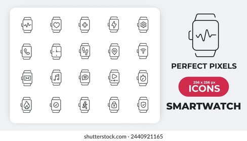 Iconos de línea delgada simples y simples de reloj inteligente. Dispositivo relacionado, digital, reloj de mano, tiempo. Trazo editable. Ilustración vectorial.