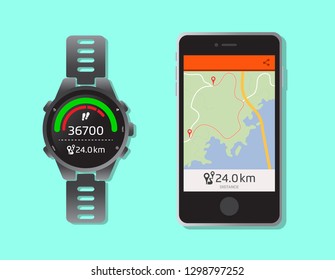 Smart watch with a smartphone. Connection and registration of the route.  Jogging in the park. Vector