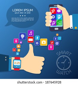 Smart watch smartphone synchro concept with thumbs up hand and mobile apps icons vector illustration