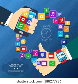 Smart watch smartphone synchro concept with thumbs up hand and mobile phone applications icons vector illustration