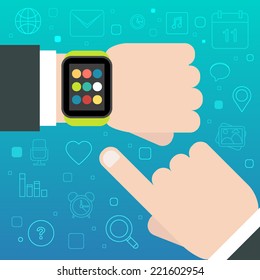 Smart Watch and Smartphone Synchronization concept with mobile apps icons. Vector illustration