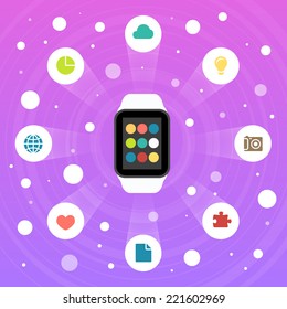 Smart Watch and Smartphone Synchronization concept with mobile apps icons. Vector illustration