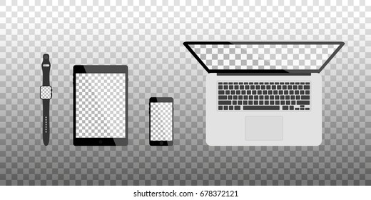 smart watch, smartphone, tablet and laptop with a blank screen on blank background