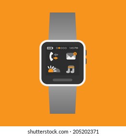 Smart watch with some application icons on an orange background- Modern flat design
