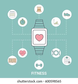 Smart watch with with sport and health icons in thin line style. Fitness training design elements. Blue background.