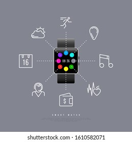 Smart watch with square display and icons in thin line style