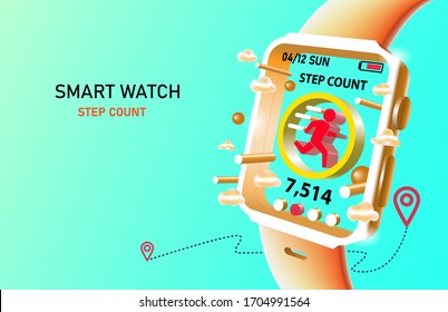 Smart Watch With Step Count Icon On Screen, Vector, Isolate On Green Background. Illustration.