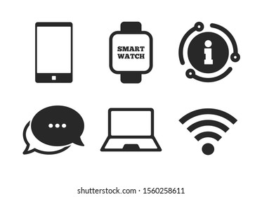 Smart watch symbol. Chat, info sign. Notebook and smartphone icons. Wi-fi sign. Wireless Network symbol. Mobile devices. Classic style speech bubble icon. Vector