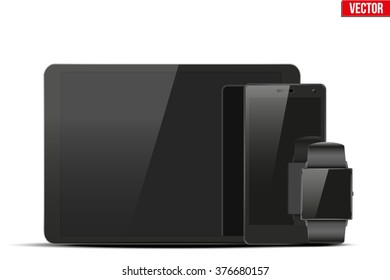Smart watch, tablet PC and touchscreen smartphone. Mock-up design. Vector Illustration isolated on white background