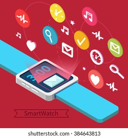 Smart Watch Technology Concept with Hands and Icons. Vector illustration in isometric style