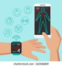 Smart watch technology concept, personal digital device on hand with mobile apps like phone calls, internet browsing, navigation, music and media player. Flat design modern vector illustration concept