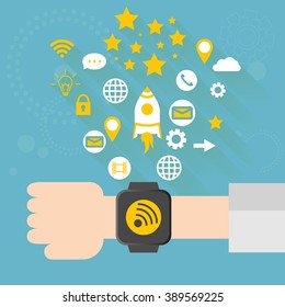 Smart watch: technology device with application icons, flat concept with long shadow