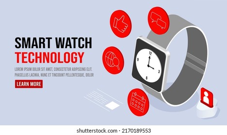 Smart Watch technology with Digital Display communication for health and telemedicine. Isometric vector illustration. A device to track user activity