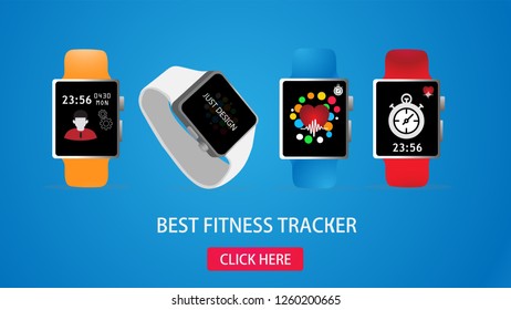 Smart watch technology with sport fitness tracker applications. Heart beat monitor. Healthy lifestyle outdoor running. Modern design with icons