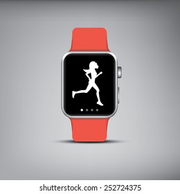 Smart watch technology with sport fitness tracker applications. Heart beat monitor. Healthy lifestyle outdoor running. Modern design with icons. Eps10 vector illustration.