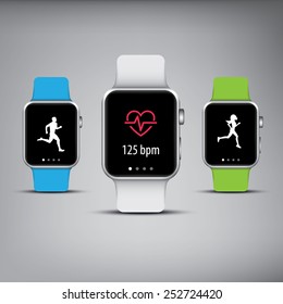 Smart watch technology with sport fitness tracker applications. Heart beat monitor. Healthy lifestyle outdoor running. Modern design with icons. Eps10 vector illustration.