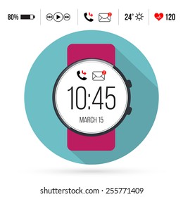 Smart watch technology with sport fitness tracker applications. Heart beat monitor. Healthy lifestyle outdoor running. Modern design with icons. Eps10 vector illustration.