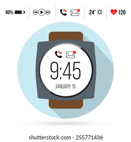 Smart watch technology with sport fitness tracker applications. Heart beat monitor. Healthy lifestyle outdoor running. Modern design with icons. Eps10 vector illustration.