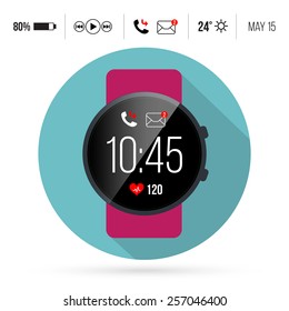 Smart watch technology with sport fitness tracker applications. Heart beat monitor. Healthy lifestyle outdoor running. Modern design with icons. Eps10 vector illustration.