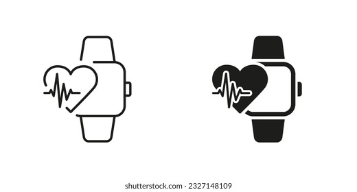 Smart Watch Technology for Sport Pictogram. Heart Pulse Control in Smartwatch Line and Silhouette Black Icon Set. Heartbeat Rate in Fitness Bracelet Symbol Collection. Isolated Vector Illustration.