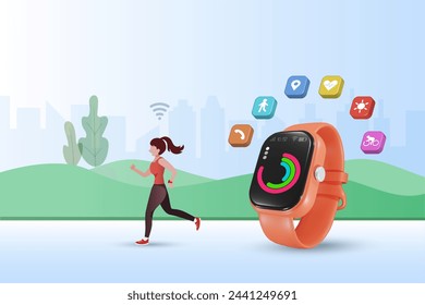 Smart watch technology. Woman jogging at park with smartwatch fitness tracking. Wearable fashion technology. develops smart lifestyle. 3D vector created from graphic software.