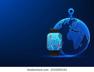 Tecnología de reloj inteligente, reloj de pulsera que muestra el mapa de ubicación, la parte posterior es un globo terráqueo, un reloj que es un navegador a la ubicación deseada y mide la distancia a pie, ilustración, Vector, Fondo de pantalla
