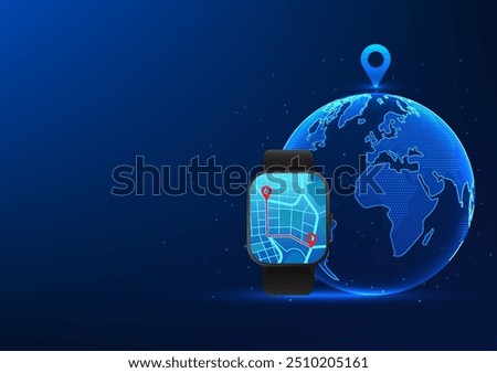 Smart watch technology, wristwatch that shows the location map, the back is a globe, a watch that is a navigator to the desired location and measures the walking distance,illustration,vector,wallpaper