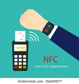 Smart watch  terminal payment. Mobile payment concept . NFC technology. Vector flat illustration.