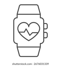 Smart watch thin line icon, body building concept. Vector graphics. Fitness bracelet, mini device with heartbeat rate sensor sign on white background, outline style icon for mobile or web design
