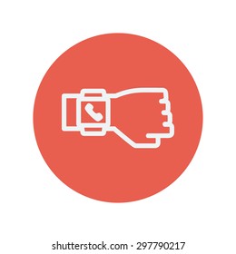Smart watch thin line icon for web and mobile minimalistic flat design. Vector white icon inside the red circle.