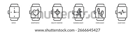 Smart watch thin line icon set. Web minimal icons